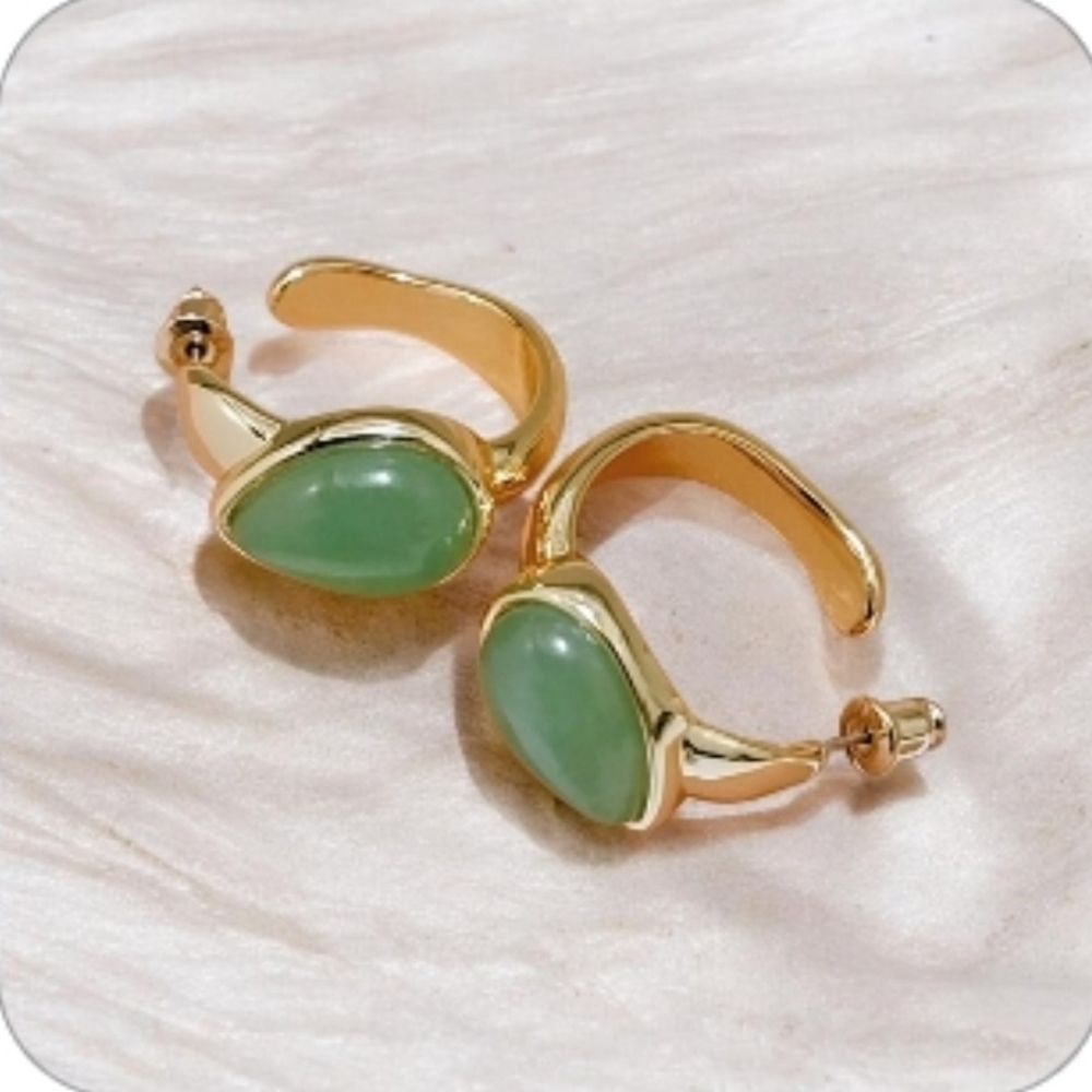 Anthropologie Green Stone Inset Gold Hoop Earrings